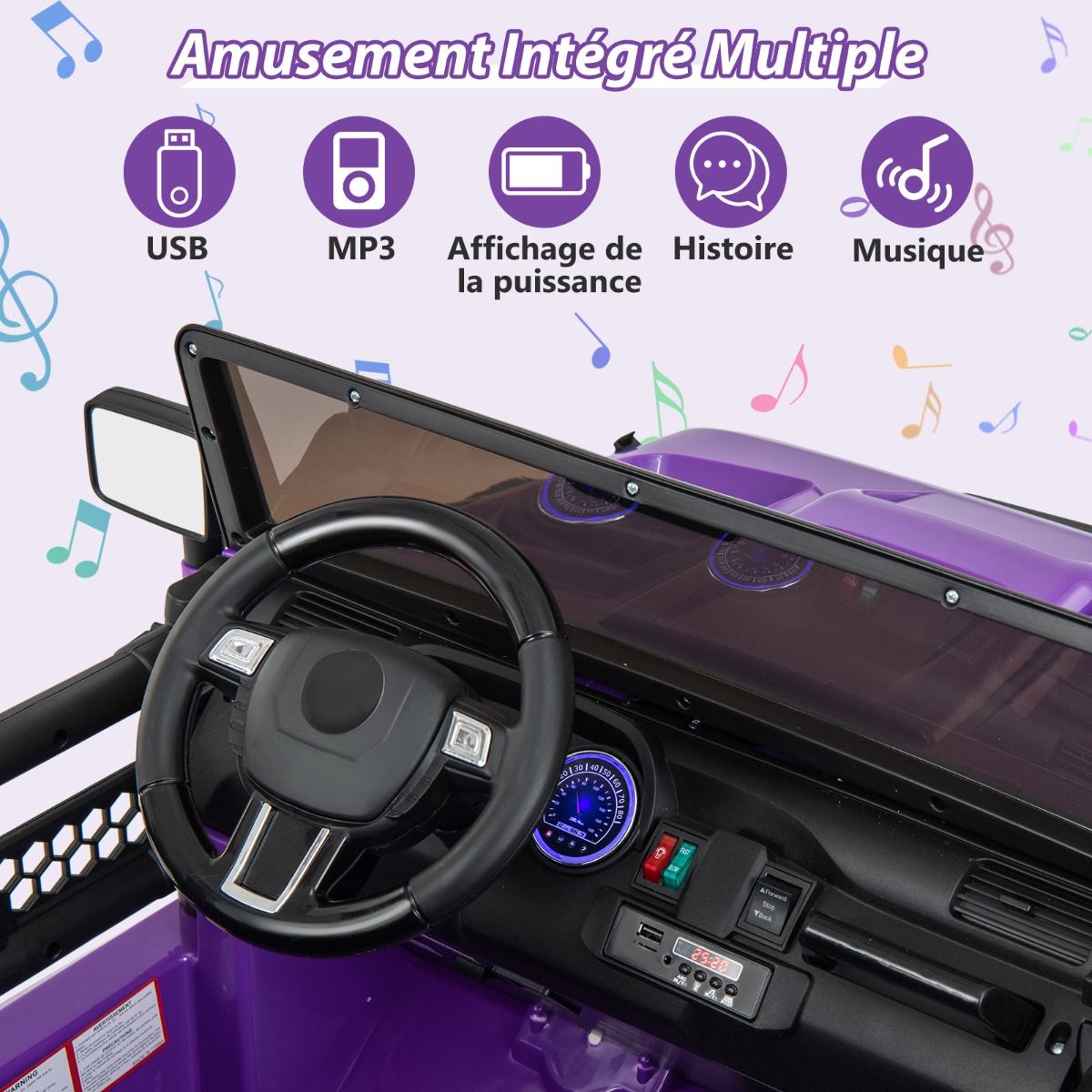 Voiture lectrique 24v pour Enfants 2 Places Tlcommande Musique Histoire Klaxon Usb Fonction de Dmarrage Lent Suspensions Ressort Blanc/Noir/Rose/Violet -
