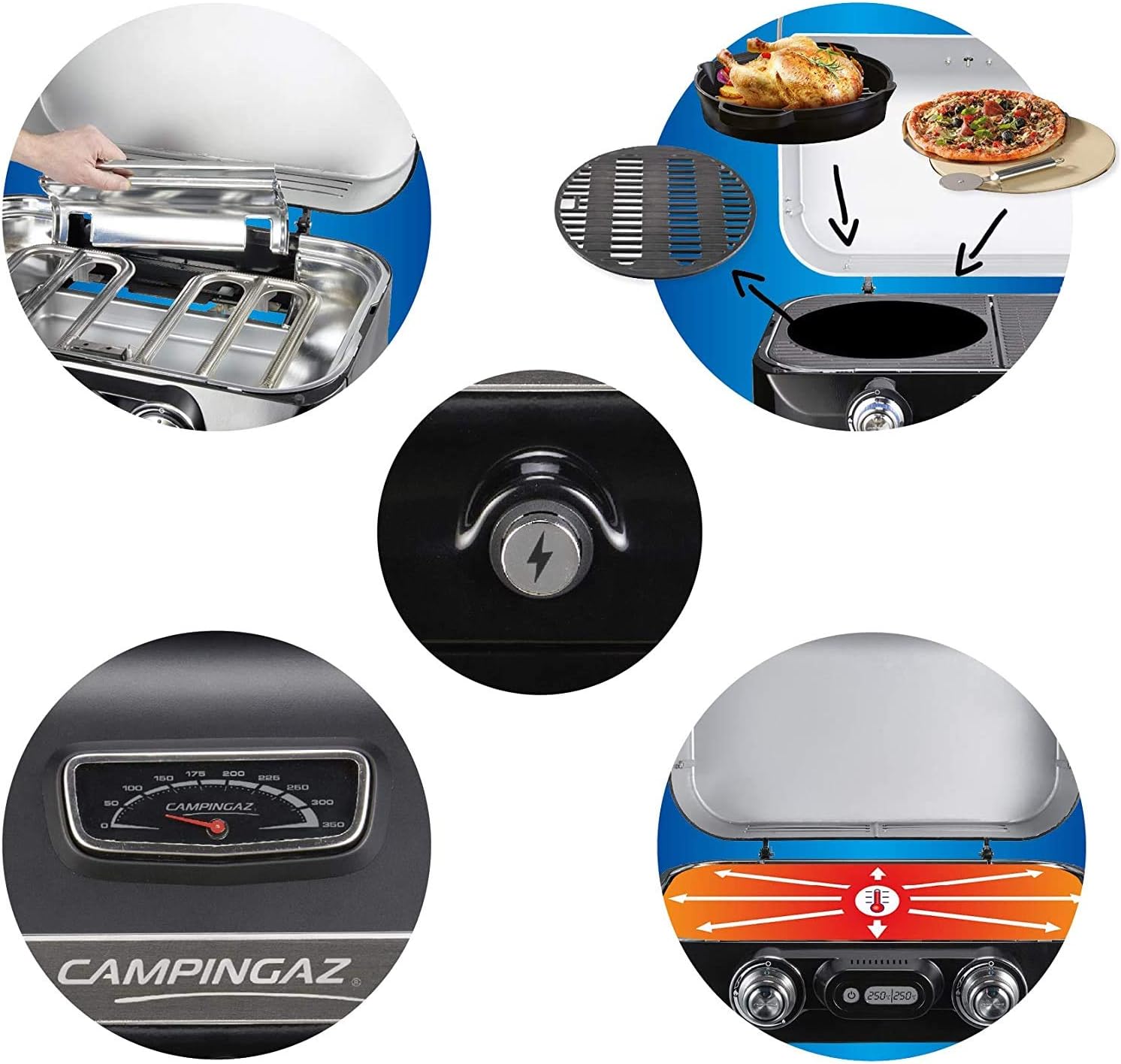 Attitude2go,Barbecue de Table Faible fume,BBQ Portable, Couvercle,thermomtre,et Grille en Fonte,Alimentation : Cartouche de gaz CV 470 Plus,Gris
