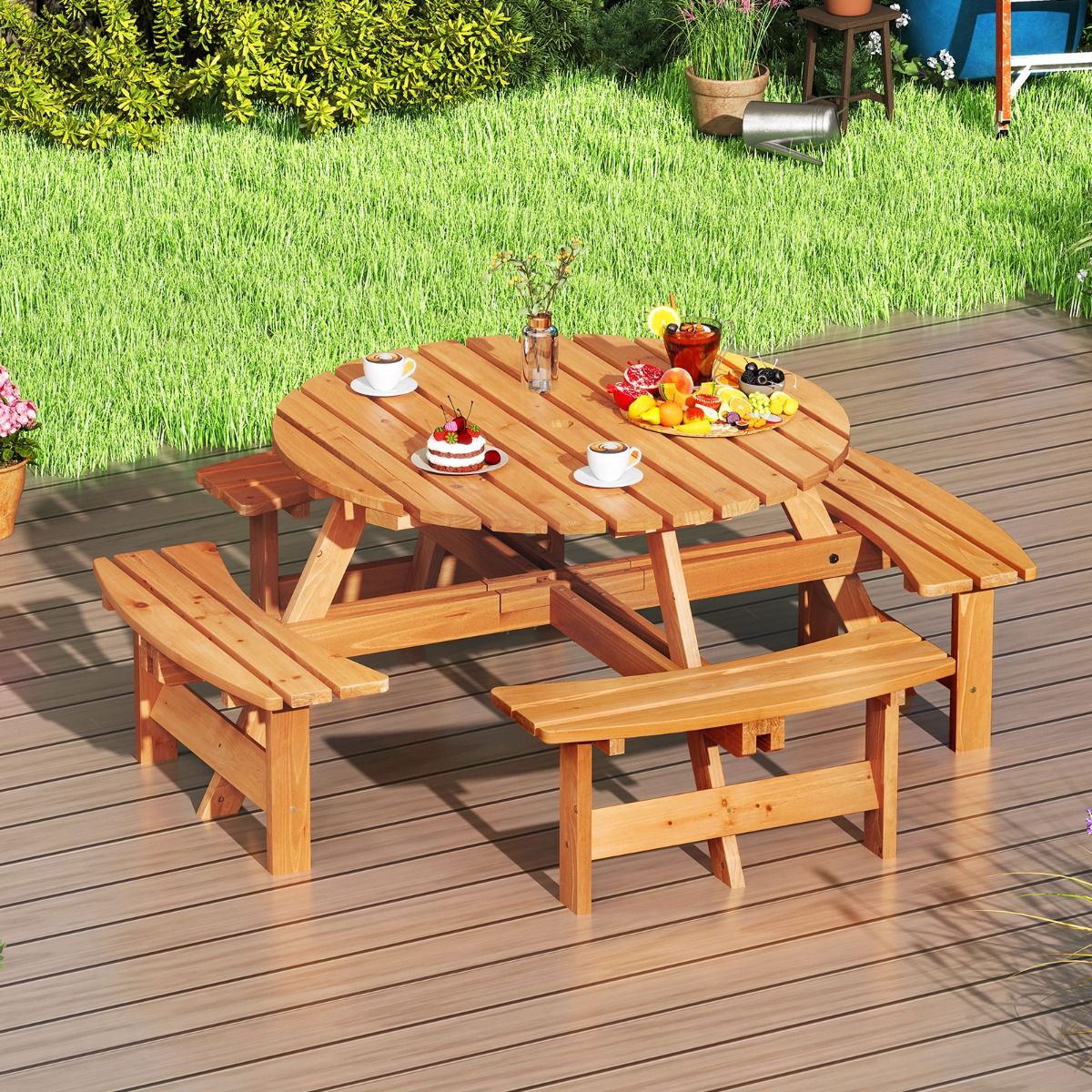 Ensemble Table de Pique-Nique en Bois pour 2 8 Personnes Set Table et Banc Circulaire avec 4 Bancs Intgrs Trou de Parasol de 5cm Marron/Jaune -