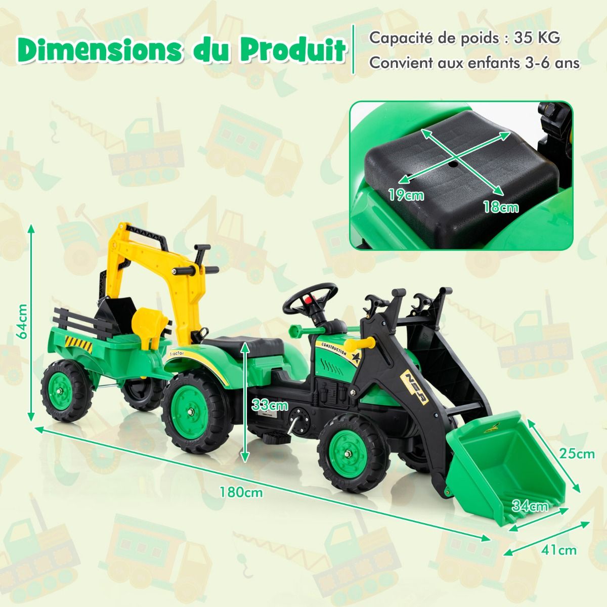 3 en 1 Tracteur pour Enfant avec 6 Roues Jouet Pelle Remorque Amovible avec Volant Klaxon 3 6 Ans Jaune/Vert -