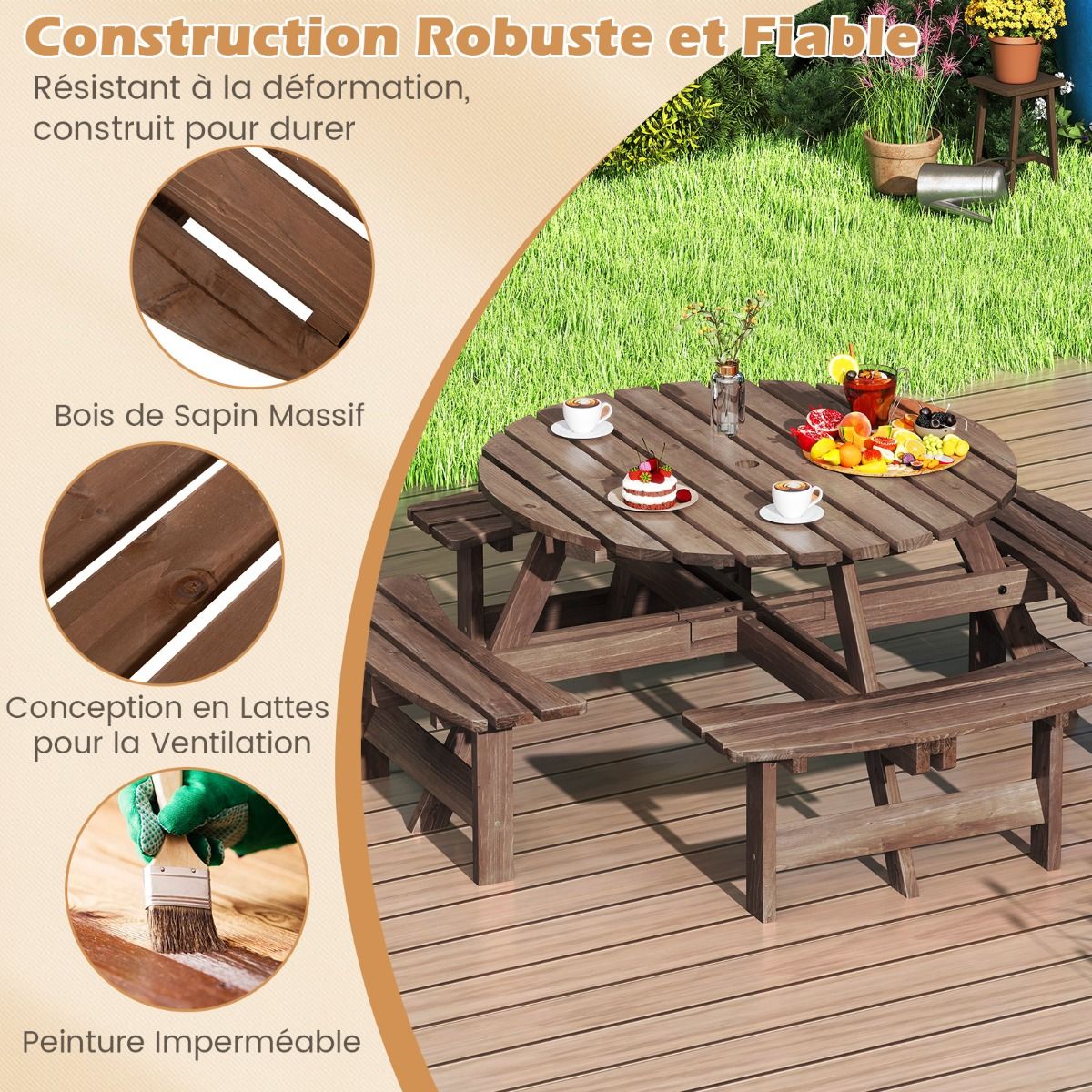 Ensemble Table de Pique-Nique en Bois pour 2 8 Personnes Set Table et Banc Circulaire avec 4 Bancs Intgrs Trou de Parasol de 5cm Marron/Jaune -