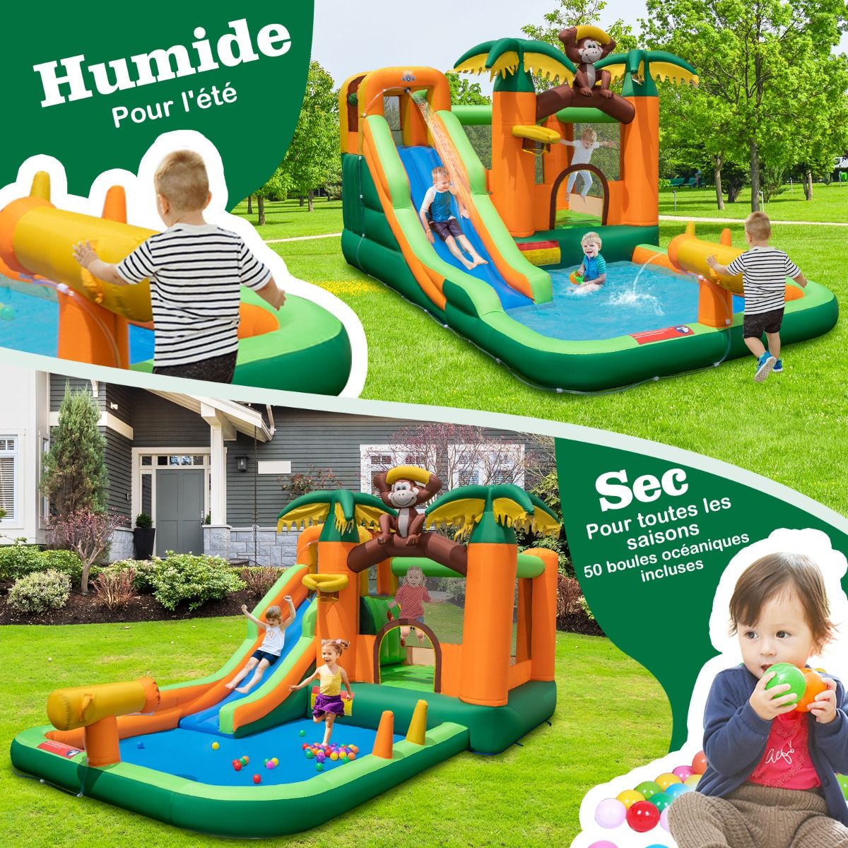 7 en 1 Ch芒teau Gonflable Tropical Thme Singe & Palmier avec Toboggan Aquatique avec Piscine & 50 Boules Charge 90kg pour 2 Enfants de 3-10 Ans -