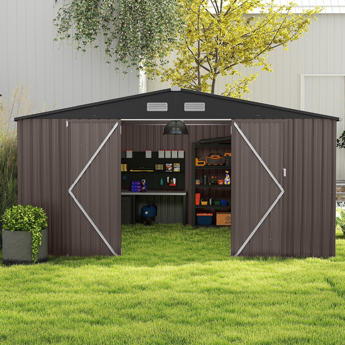 Abri de Stockage Extrieur Grand Hangar Outils avec Design de Toit Inclin Portes Fermables avec Cls 4 Arations 350x350x198cm Gris -