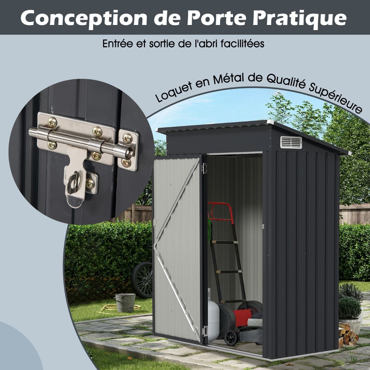 Abri de Rangement Toutes Saisons Abri Outils Utilitaire avec Toit en Pente Porte Ouvrante Arations Cadre en Mtal Galvanis Gris -