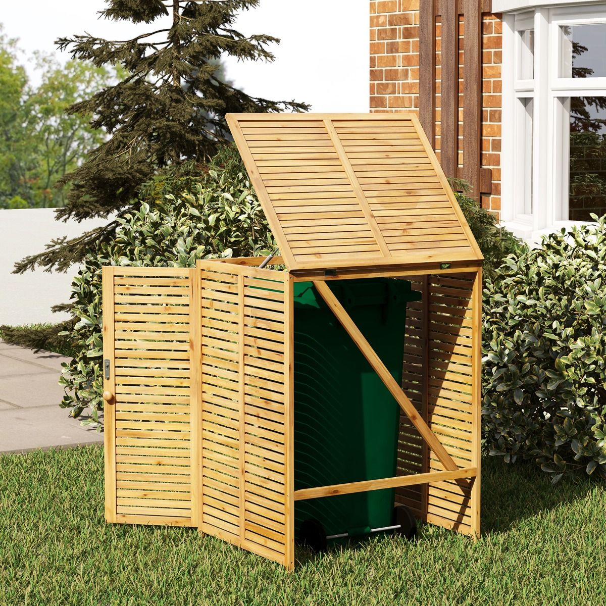 Abri Poubelle en Bois de 120 L Abri pour Outils d'Extrieur avec Couvercle Ouvrable Doubles Portes Loquet de Verrouillage Naturel -
