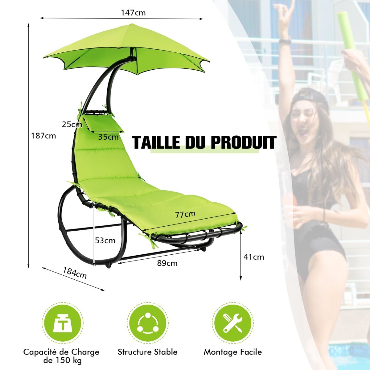Bain de Soleil Bascule Transat Suspendu avec Pare-Soleil & Coussin Hamac Charge 150KG 184 cm x 147 cm x 187 cm Vert -