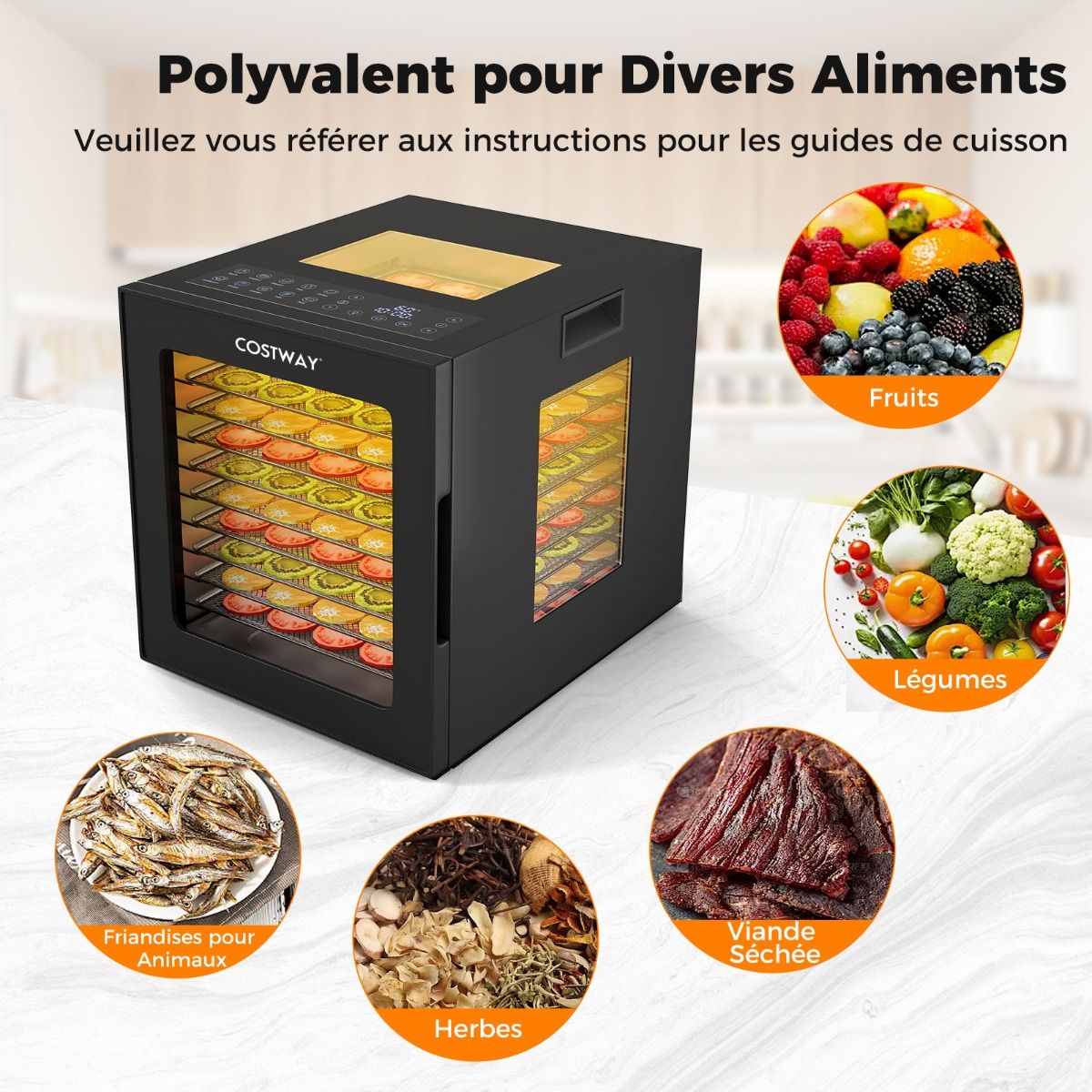 Dshydrateur Alimentaire Schoir 10 Plateaux en Acier Inoxydable avec 10 Programmes Prrgls Minuterie de 48H&Temprature de 30-75鈩Noir -