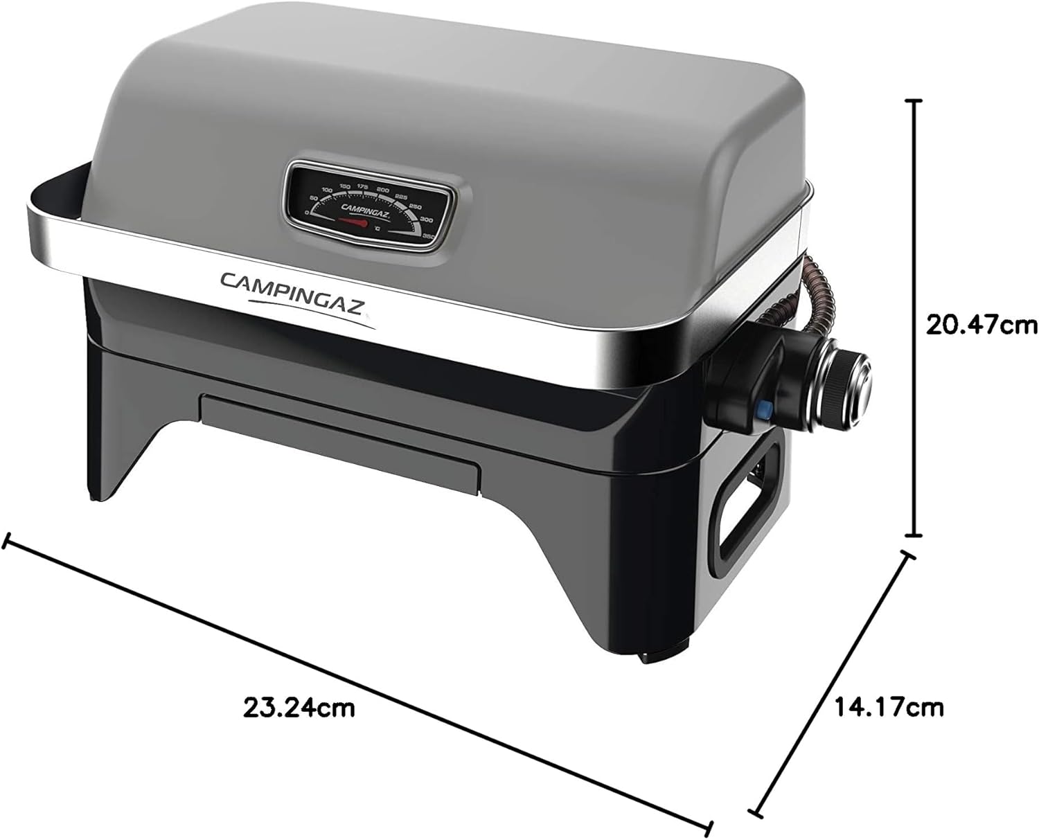 Attitude2go,Barbecue de Table Faible fume,BBQ Portable, Couvercle,thermomtre,et Grille en Fonte,Alimentation : Cartouche de gaz CV 470 Plus,Gris