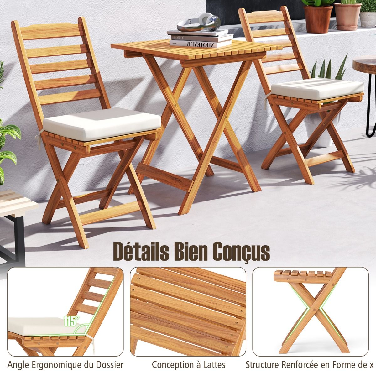 Ensemble Bistrot d'Extrieur en Bois d'Acacia Ensemble de Chaises Pliantes et Table Coussins de Sige Sans Accoudoirs Dossier Haut Blanc -