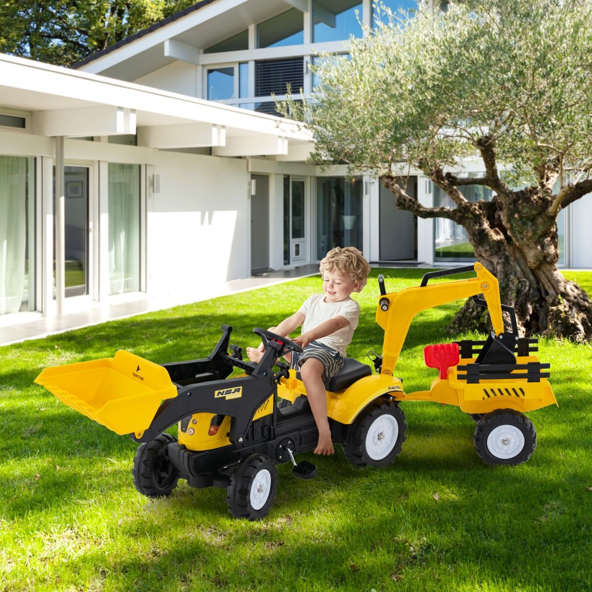 3 en 1 Tracteur pour Enfant avec 6 Roues Jouet Pelle Remorque Amovible avec Volant Klaxon 3 6 Ans Jaune/Vert -