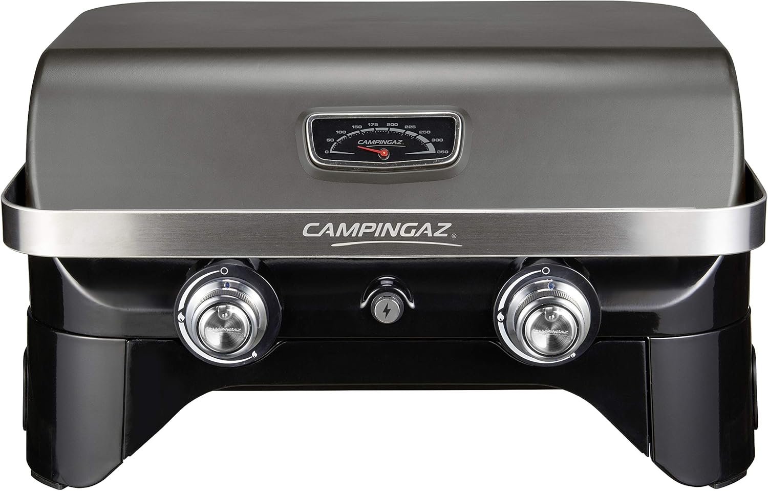 Attitude2go,Barbecue de Table Faible fume,BBQ Portable, Couvercle,thermomtre,et Grille en Fonte,Alimentation : Cartouche de gaz CV 470 Plus,Gris