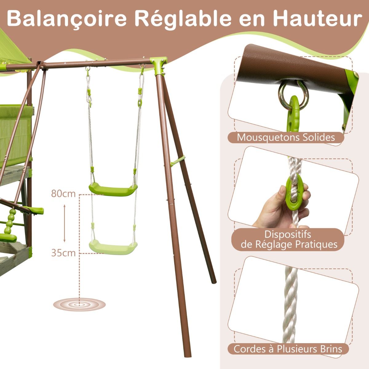 Balanoire 7-en-1 Aire de Jeu en Mtal avec Fort Couvert Rglable en Hauteur Corde d'Escalade Bac Sable Glisseur Toboggan Ondul Vert -