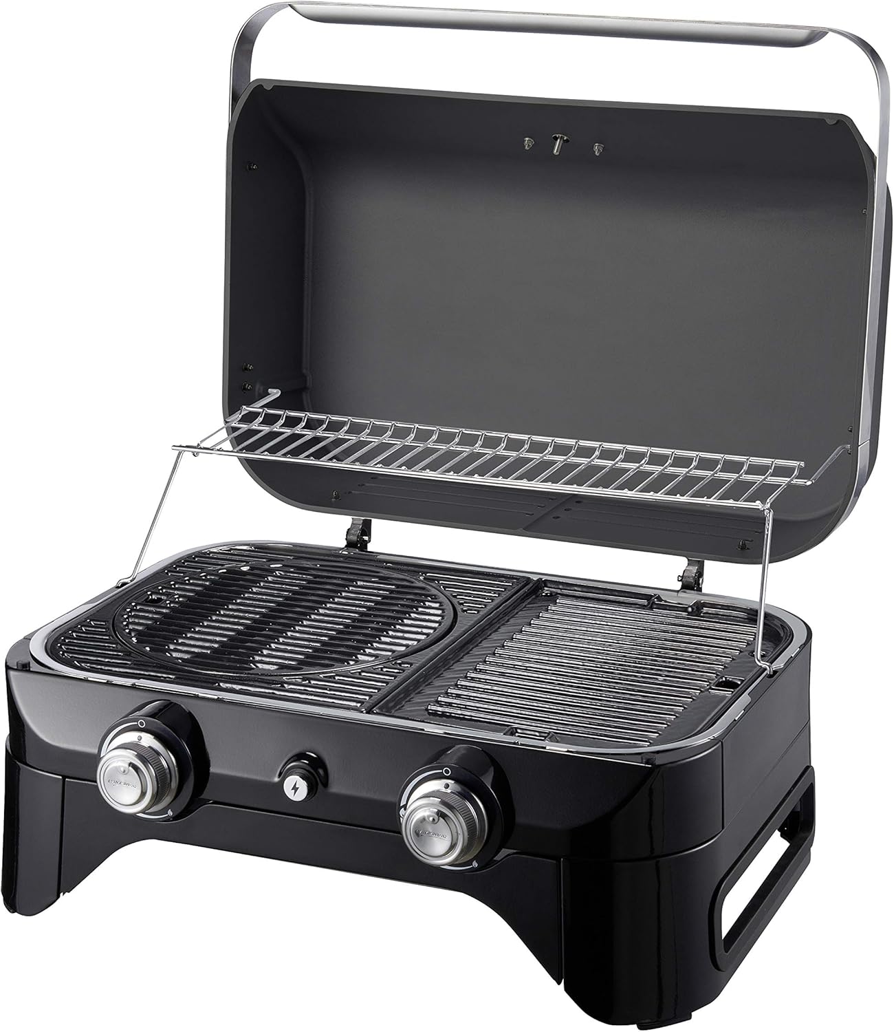 Attitude2go,Barbecue de Table Faible fume,BBQ Portable, Couvercle,thermomtre,et Grille en Fonte,Alimentation : Cartouche de gaz CV 470 Plus,Gris