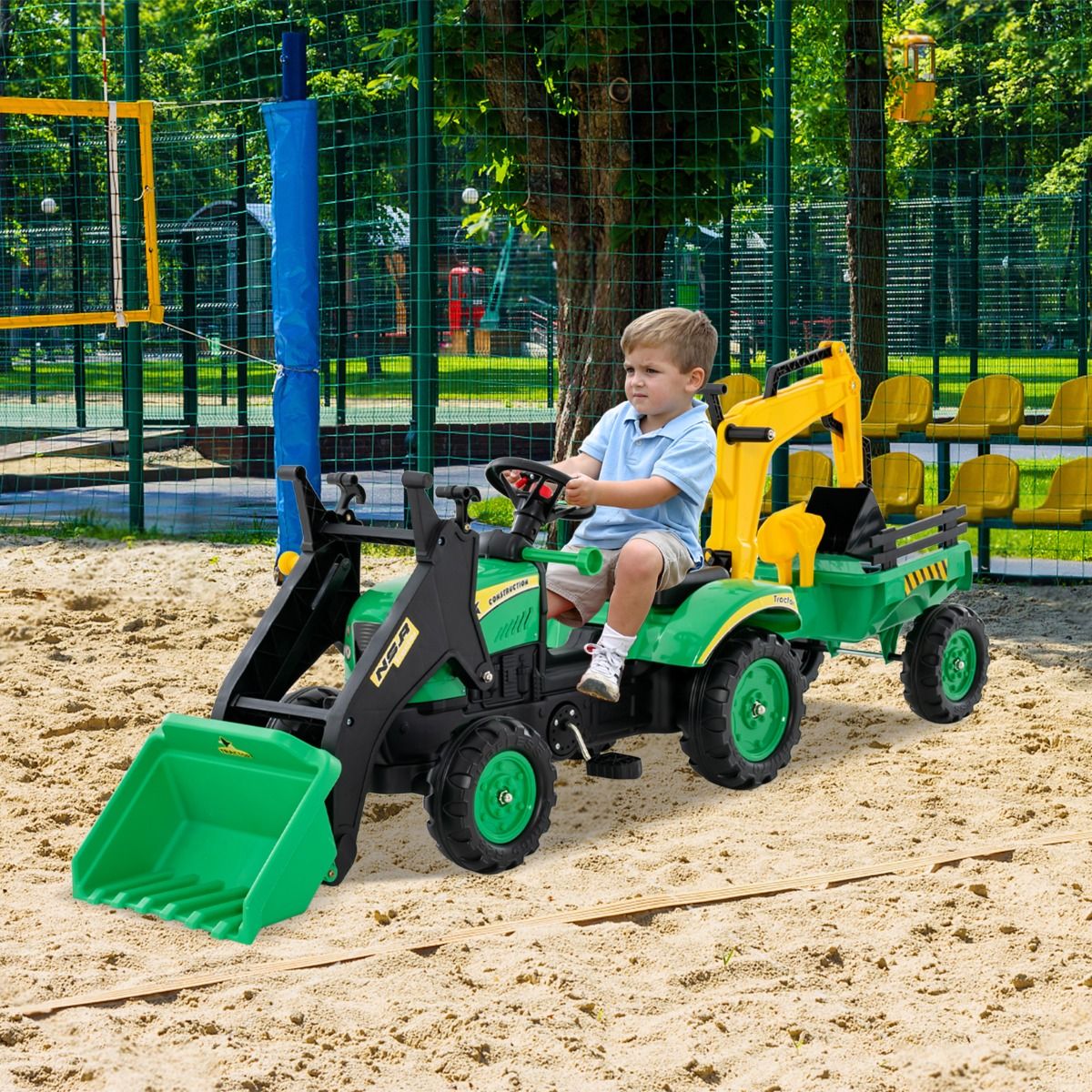 3 en 1 Tracteur pour Enfant avec 6 Roues Jouet Pelle Remorque Amovible avec Volant Klaxon 3 6 Ans Jaune/Vert -