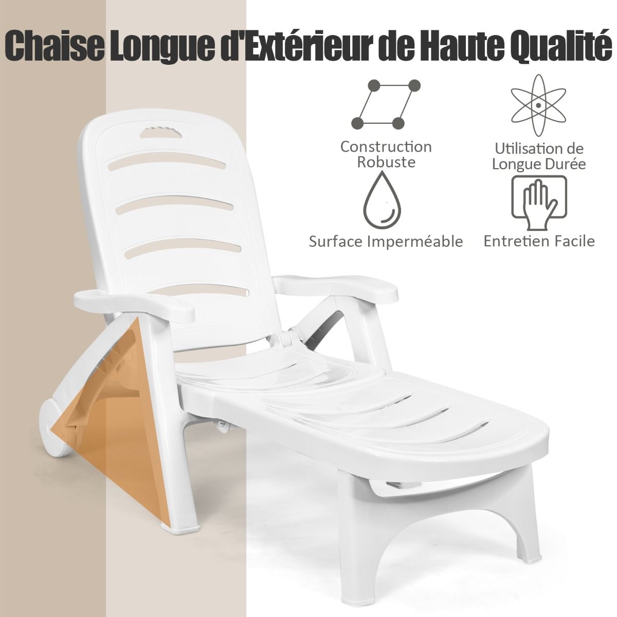 Chaise Longue Pliable Dossier Inclinable 5 Positions avec Roues Intgres pour Terrasse Jardin Piscine 150 kg Gris/Blanc/Bleu -