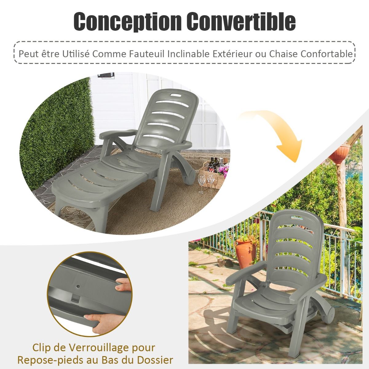 Chaise Longue Pliable Dossier Inclinable 5 Positions avec Roues Intgres pour Terrasse Jardin Piscine 150 kg Gris/Blanc/Bleu -