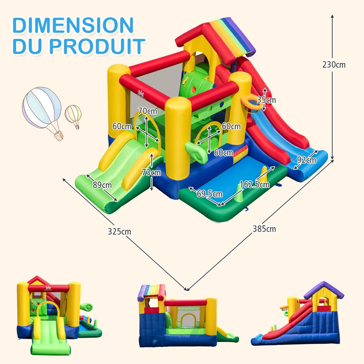 Ch芒teau Gonflable Thme Arc-en-ciel 7 en 1 avec Ventilateur Double Toboggans Piscine Balles Panier de Basket Charge 90kg -