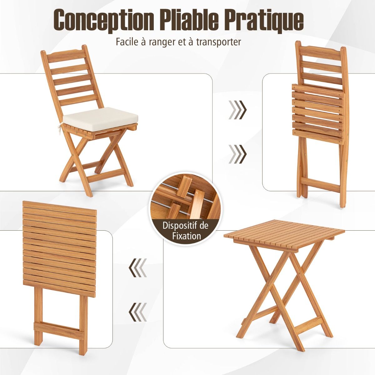 Ensemble Bistrot d'Extrieur en Bois d'Acacia Ensemble de Chaises Pliantes et Table Coussins de Sige Sans Accoudoirs Dossier Haut Blanc -