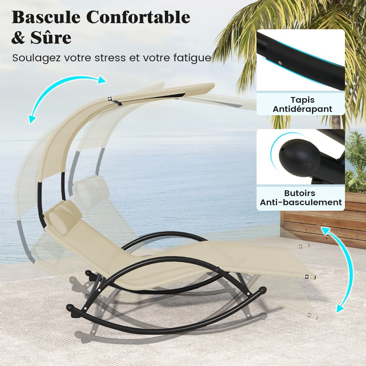 Chaise Longue Double Chaise à Bascule pour 2 Personnes 2 Appui-Têtes Amovibles Cadre en Métal Robuste Lit de Repos Ergonomique 2 Places Gris/Noir/Beige -