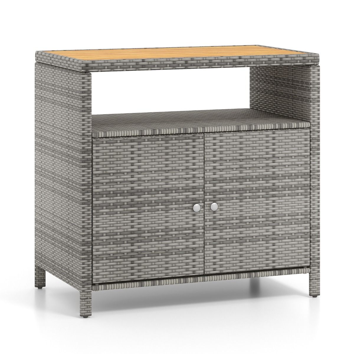 Armoire de Rangement Exterieur en Rotin Armoire de Jardin avec Plateau en Bois d'Acacia Compartiment Ouvert Buffet 2 Portes -