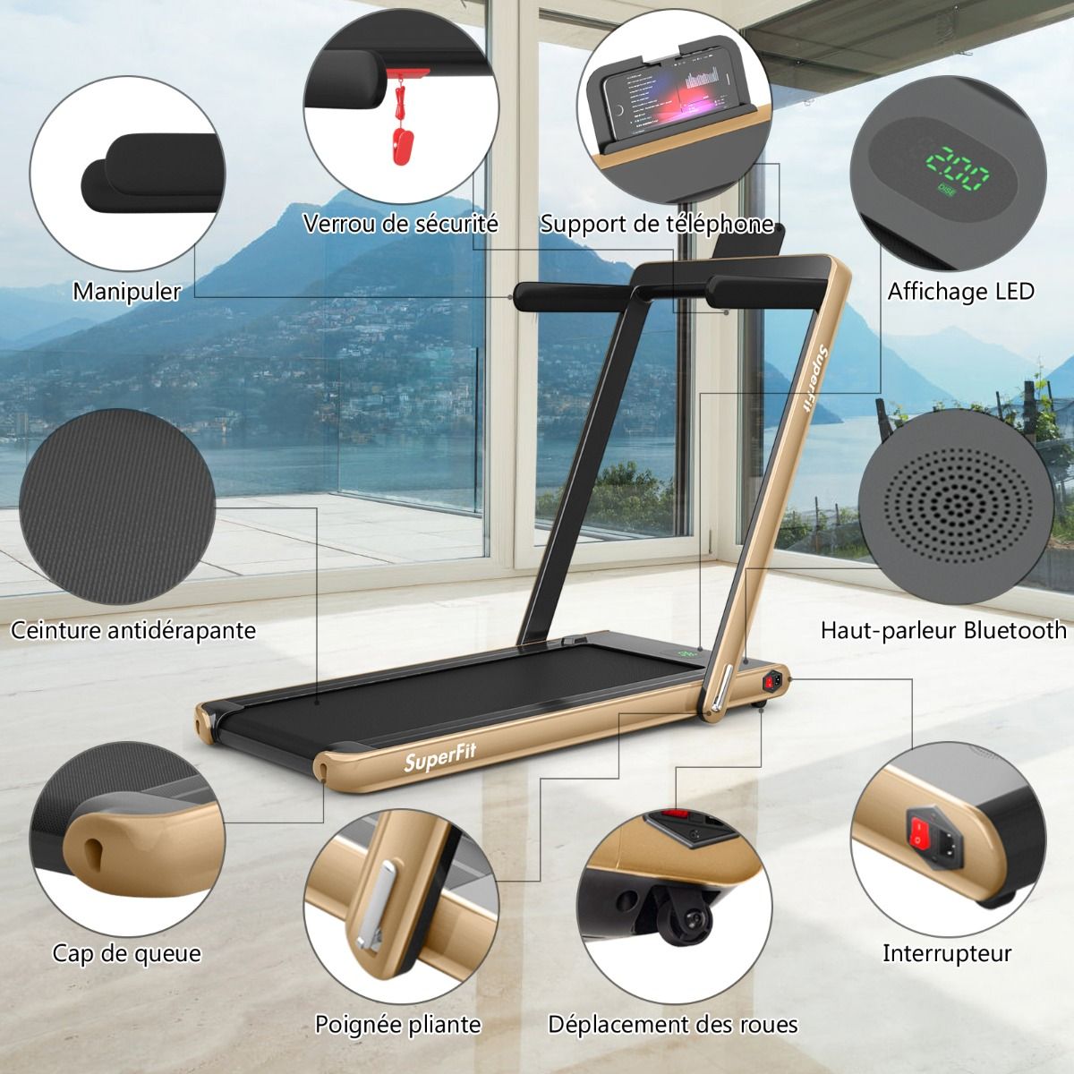 2 en 1 Tapis de Course Electrique Pliable 1 12 Km/H avec Haut-parleur Bluetooth Tlcommande Moteur 0,75HP Vert/Blanc/Noir/Rouge/Or/Noir et Argent/Bleu -