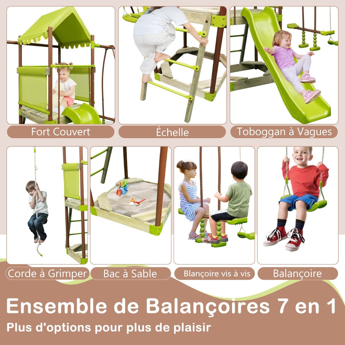 Balanoire 7-en-1 Aire de Jeu en Mtal avec Fort Couvert Rglable en Hauteur Corde d'Escalade Bac Sable Glisseur Toboggan Ondul Vert -