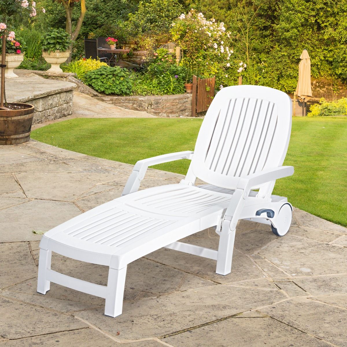 Chaise Longue Inclinable Rglable 5 Positions avec Roues Flexibles Fauteuil Relax de Camping avec Bo卯te de Rangement Charge 150KG Blanc -