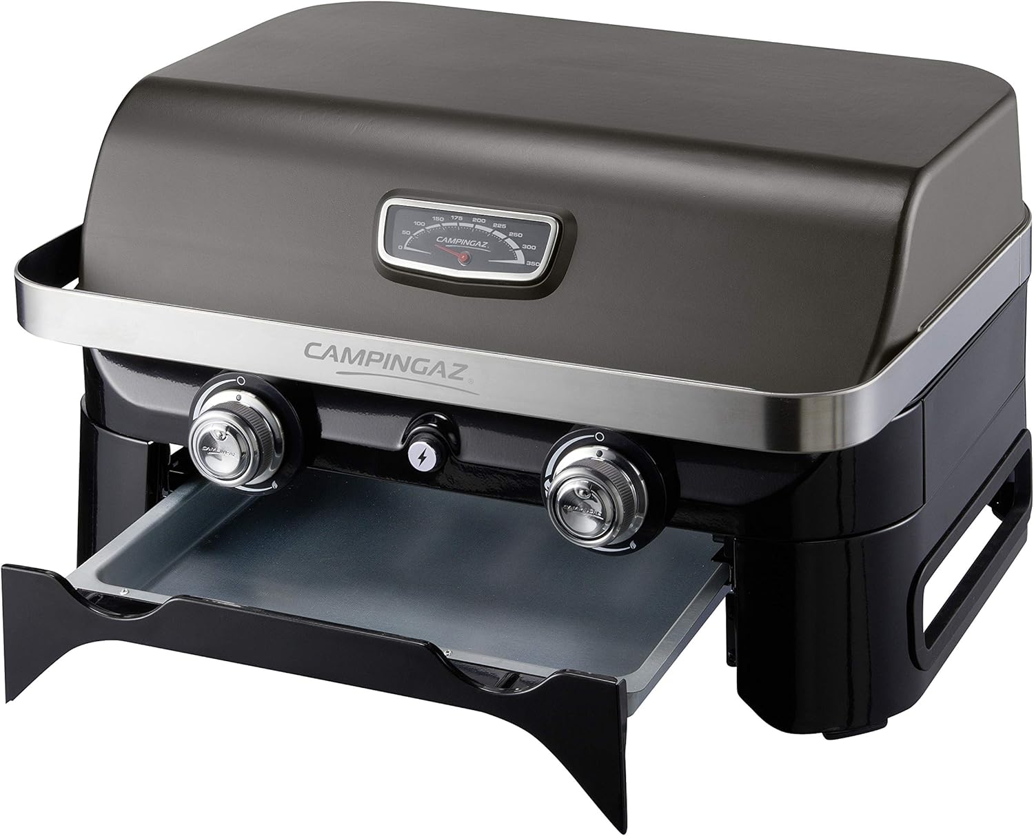 Attitude2go,Barbecue de Table Faible fume,BBQ Portable, Couvercle,thermomtre,et Grille en Fonte,Alimentation : Cartouche de gaz CV 470 Plus,Gris