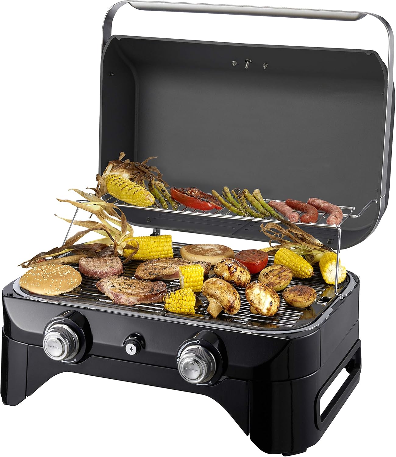 Attitude2go,Barbecue de Table Faible fume,BBQ Portable, Couvercle,thermomtre,et Grille en Fonte,Alimentation : Cartouche de gaz CV 470 Plus,Gris