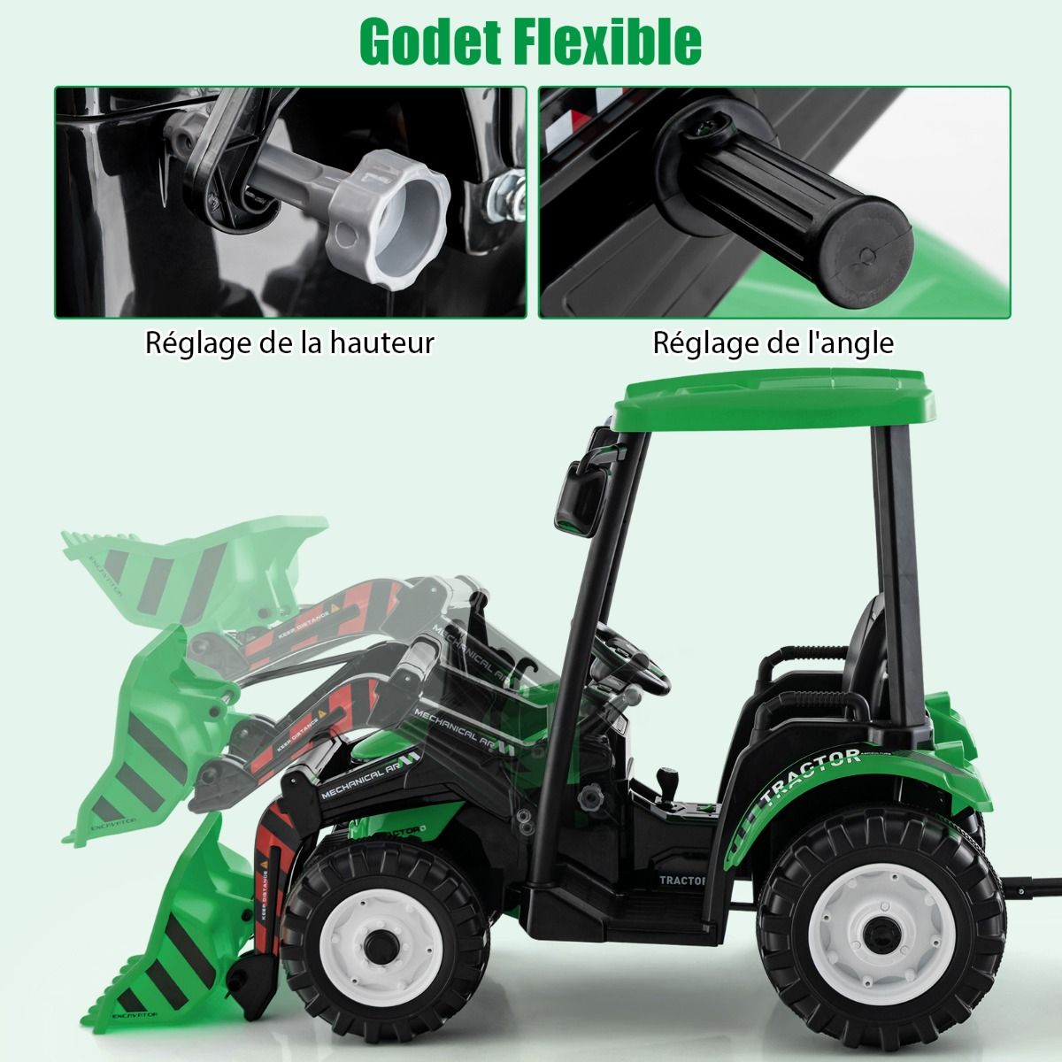 12V Tracteur lectrique Enfants avec Pelle&Remorque Amovible Vhicule lectrique 6 Roues avec Tlcommande & Musique 3-6 km/h pour 3-8 Ans Jaune/Vert -