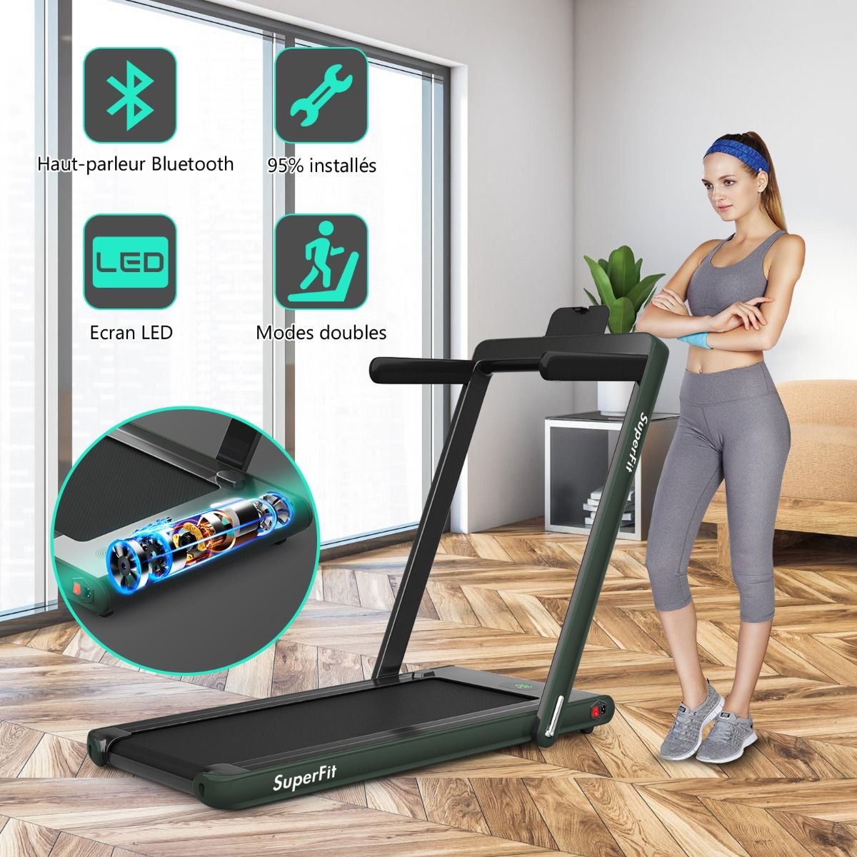 2 en 1 Tapis de Course Electrique Pliable 1 12 Km/H avec Haut-parleur Bluetooth Tlcommande Moteur 0,75HP Vert/Blanc/Noir/Rouge/Or/Noir et Argent/Bleu -