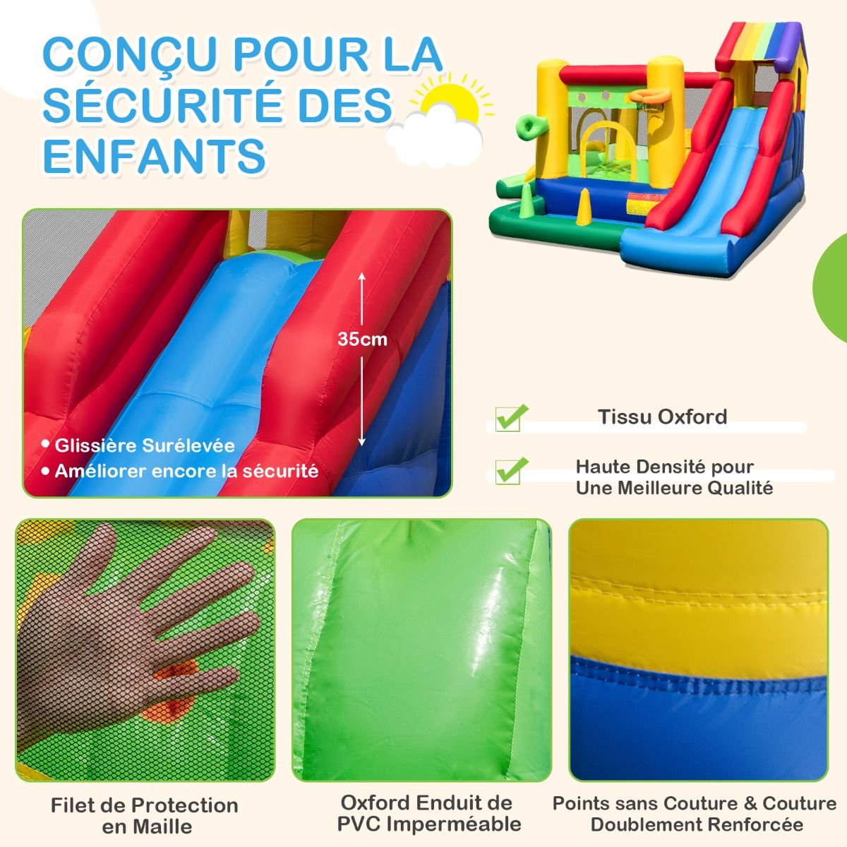 Ch芒teau Gonflable Thme Arc-en-ciel 7 en 1 avec Ventilateur Double Toboggans Piscine Balles Panier de Basket Charge 90kg -