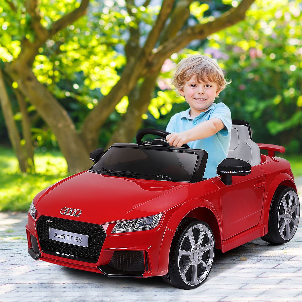 Voiture TTRS Electrique pour Enfants 12V Max. 5 Km/h Double Porte avec Tlcommande 2.4G Blanc/Rouge -
