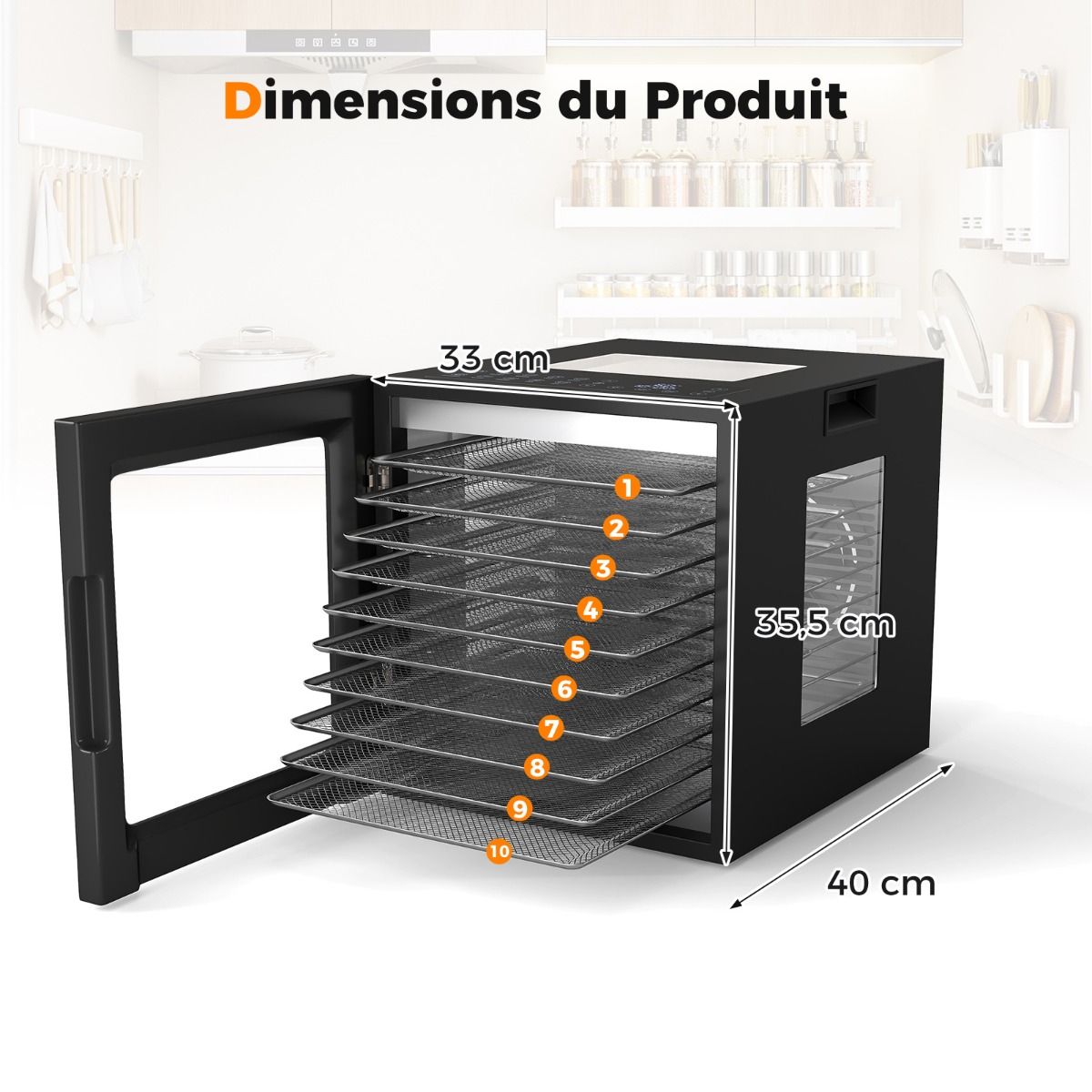 Dshydrateur Alimentaire Schoir 10 Plateaux en Acier Inoxydable avec 10 Programmes Prrgls Minuterie de 48H&Temprature de 30-75鈩Noir -