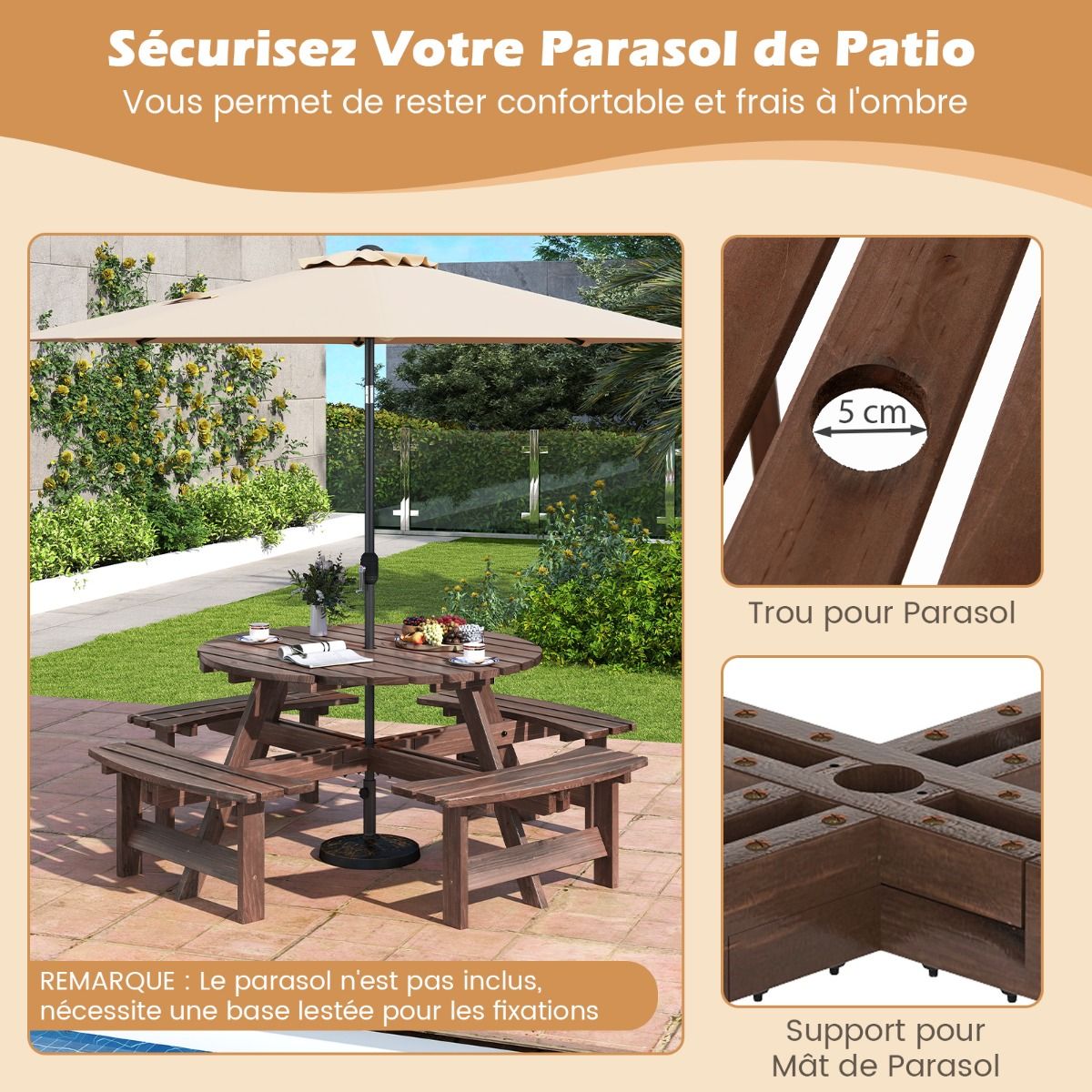 Ensemble Table de Pique-Nique en Bois pour 2 8 Personnes Set Table et Banc Circulaire avec 4 Bancs Intgrs Trou de Parasol de 5cm Marron/Jaune -