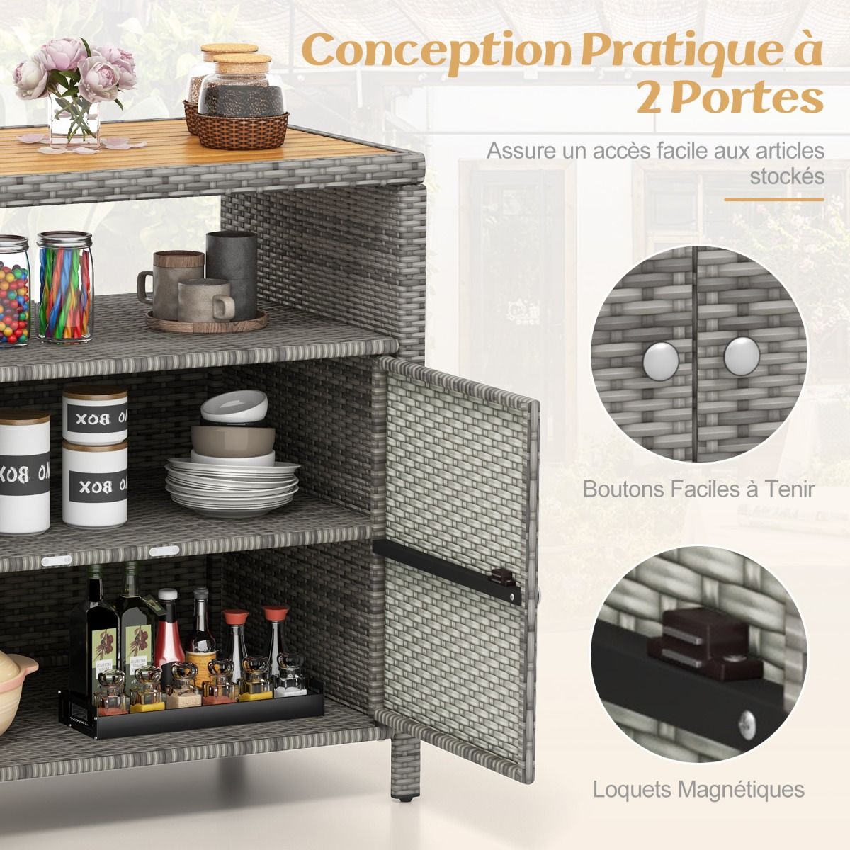 Armoire de Rangement Exterieur en Rotin Armoire de Jardin avec Plateau en Bois d'Acacia Compartiment Ouvert Buffet 2 Portes -