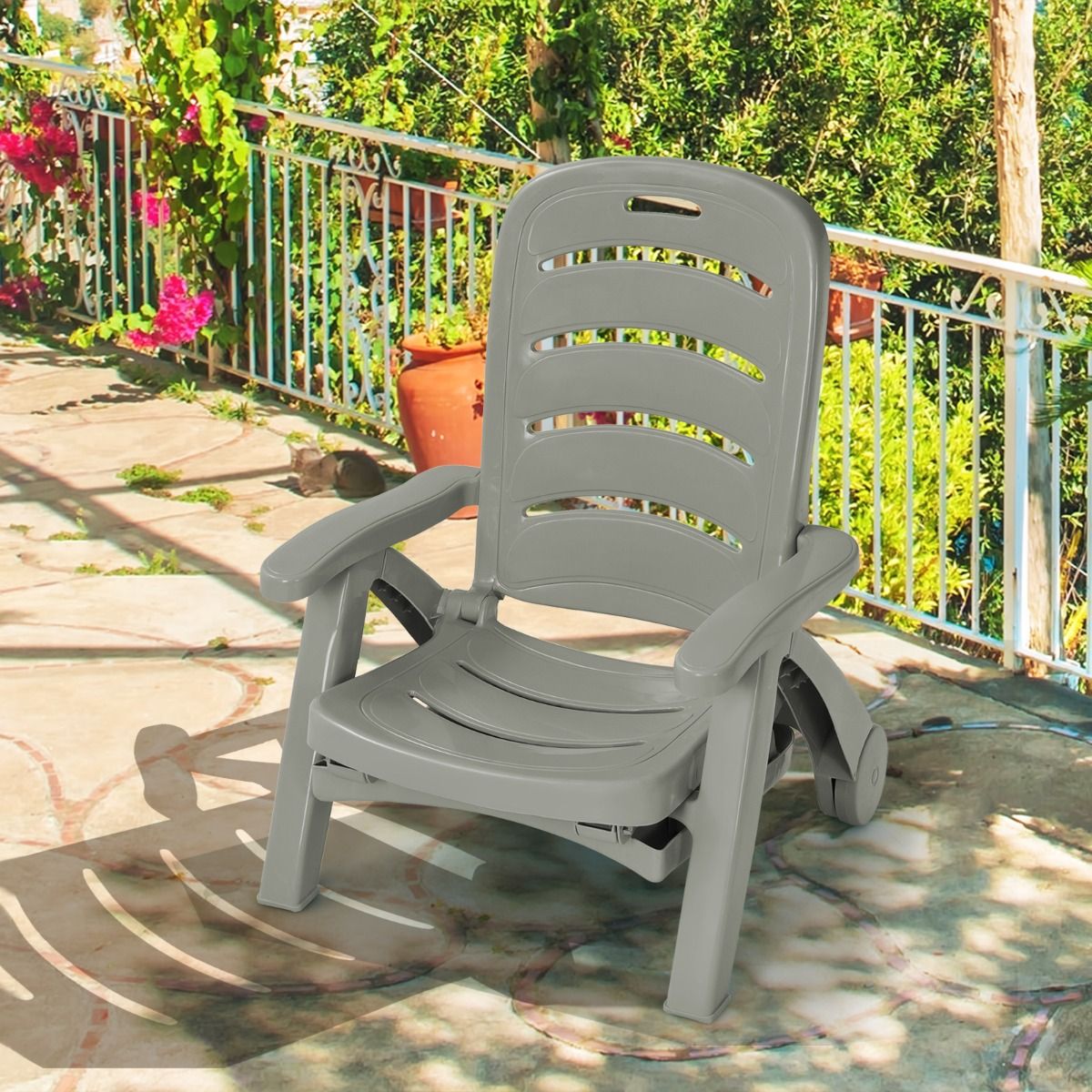 Chaise Longue Pliable Dossier Inclinable 5 Positions avec Roues Intgres pour Terrasse Jardin Piscine 150 kg Gris/Blanc/Bleu -