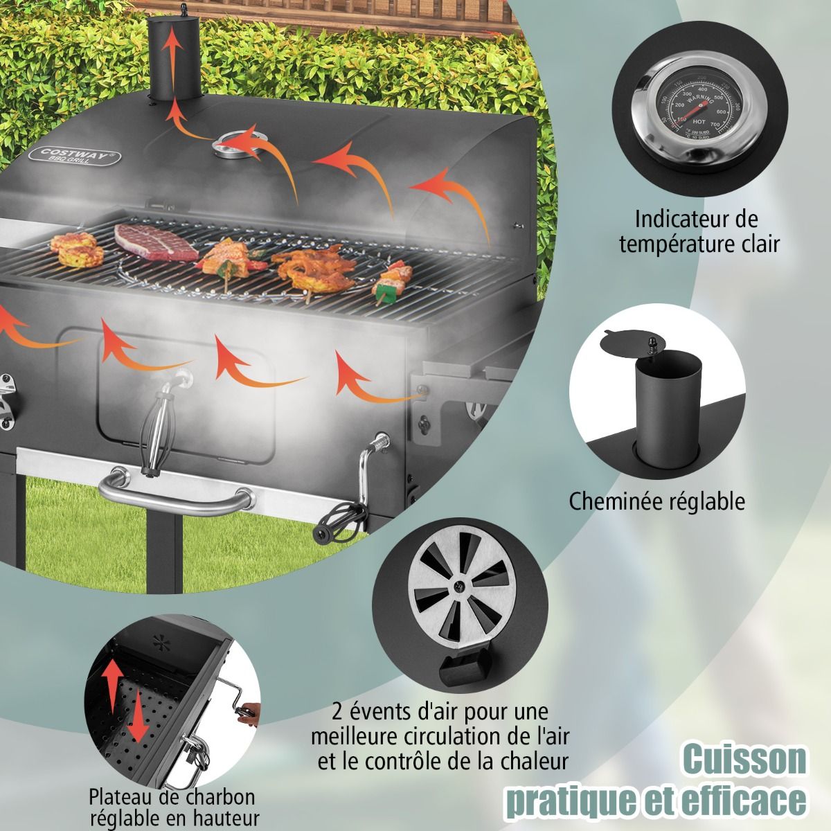 Barbecue Charbon de Bois Portable avec 2 Tables d'Appoint Noir -