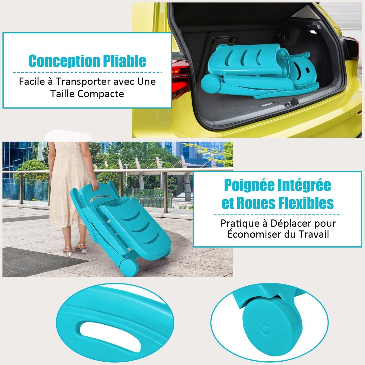 Chaise Longue Pliable Dossier Inclinable 5 Positions avec Roues Intgres pour Terrasse Jardin Piscine 150 kg Gris/Blanc/Bleu -
