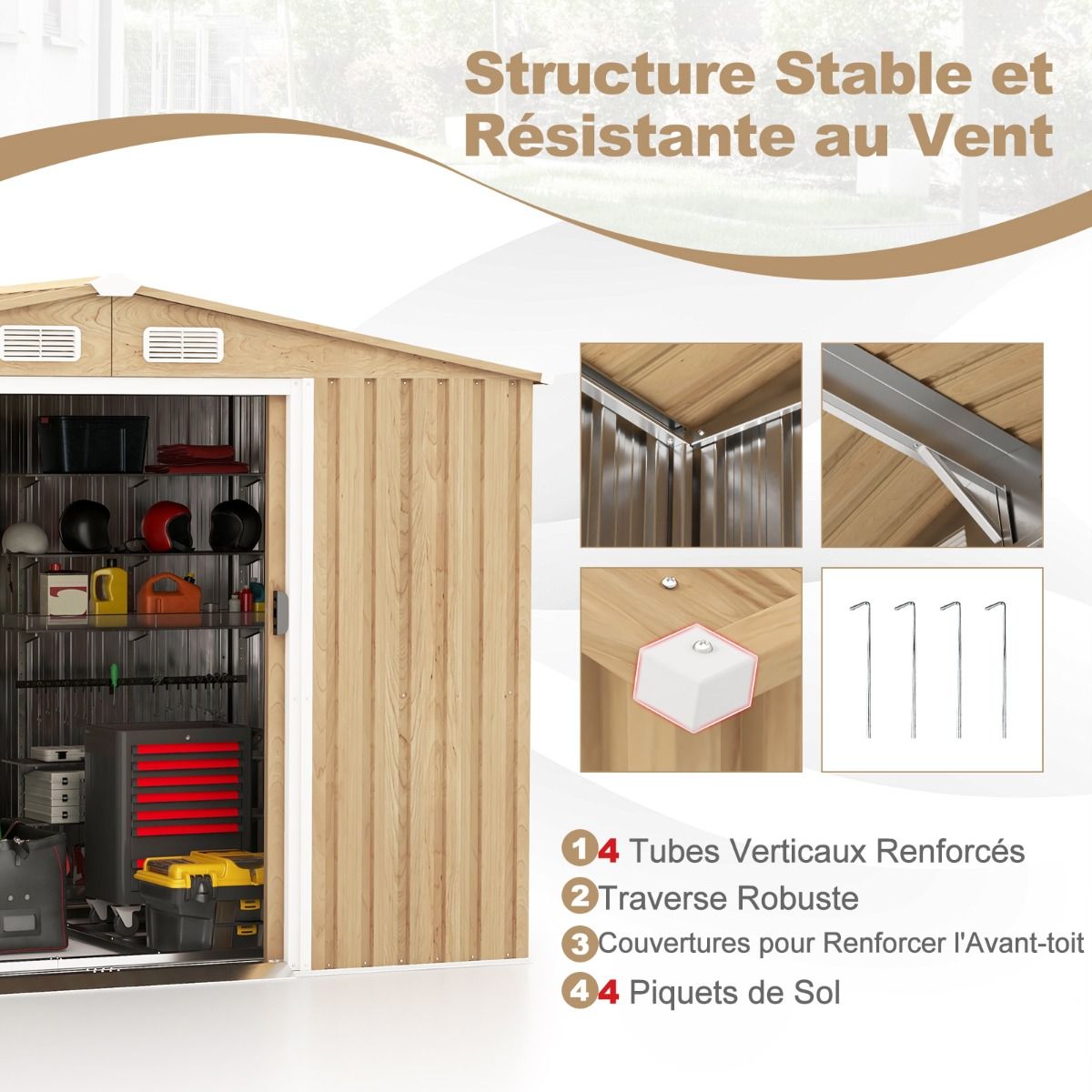 Abri de Rangement 259cm x196cm avec Base de Fondation Maison Outils en Mtal Galvanis avec 4 Arations Impermable et Coupe-vent Naturel -