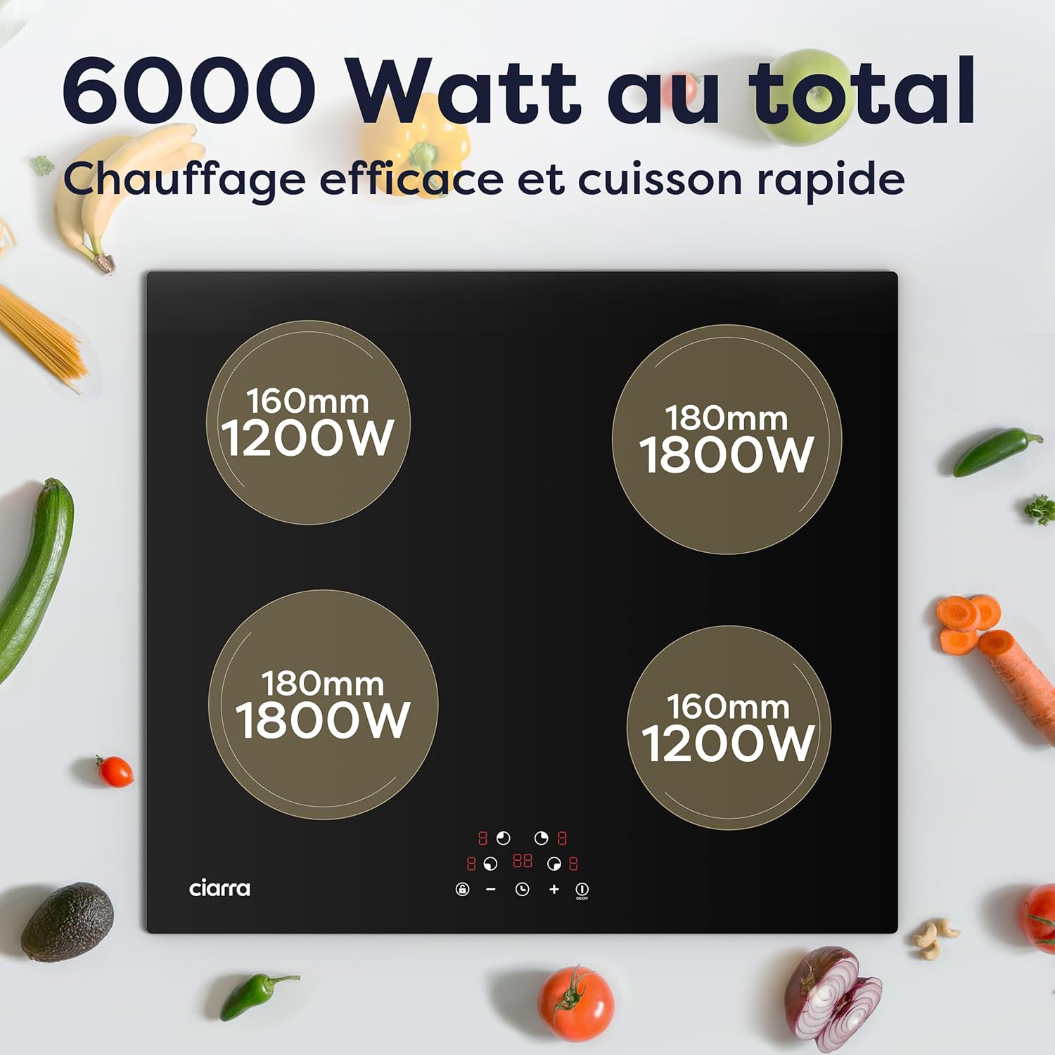 Ciarra Plaque de Cuisson à Induction - 4 Foyers - 6000W - Table de Cuisson Encastrable - Commande Tactile - 9 Niveaux - CABBIH4-E