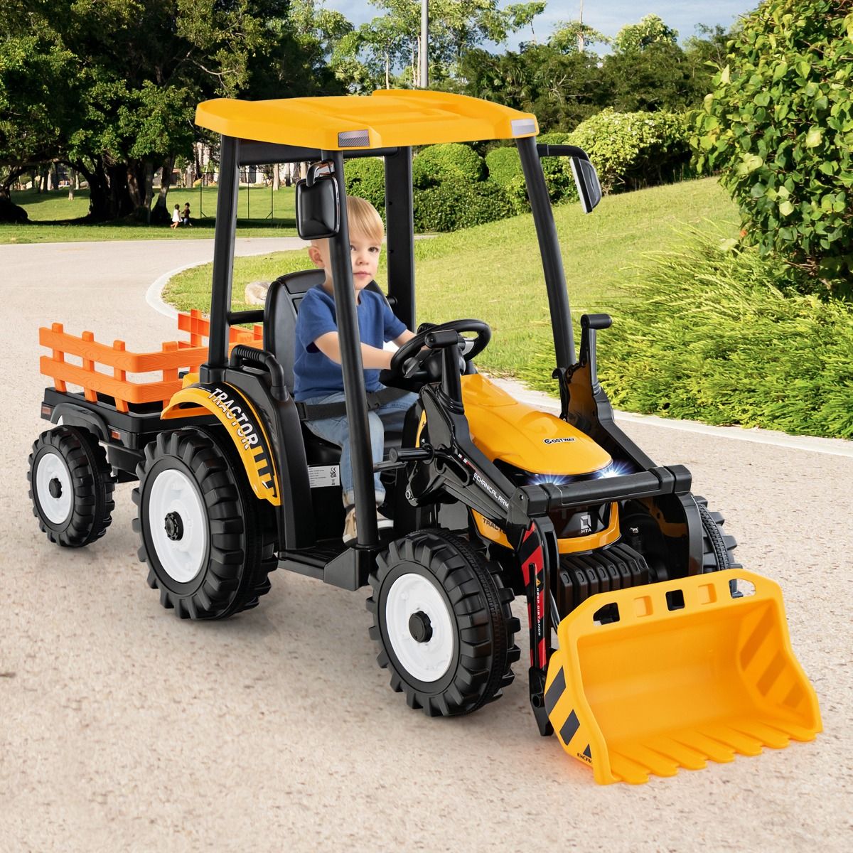 12V Tracteur lectrique Enfants avec Pelle&Remorque Amovible Vhicule lectrique 6 Roues avec Tlcommande & Musique 3-6 km/h pour 3-8 Ans Jaune/Vert -