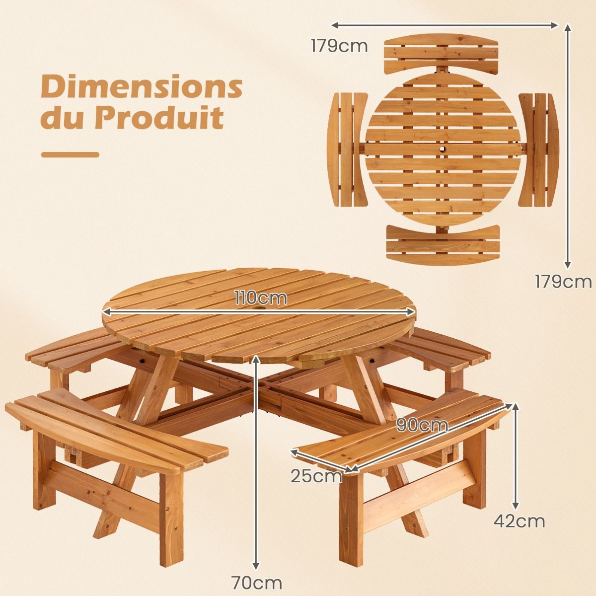 Ensemble Table de Pique-Nique en Bois pour 2 8 Personnes Set Table et Banc Circulaire avec 4 Bancs Intgrs Trou de Parasol de 5cm Marron/Jaune -