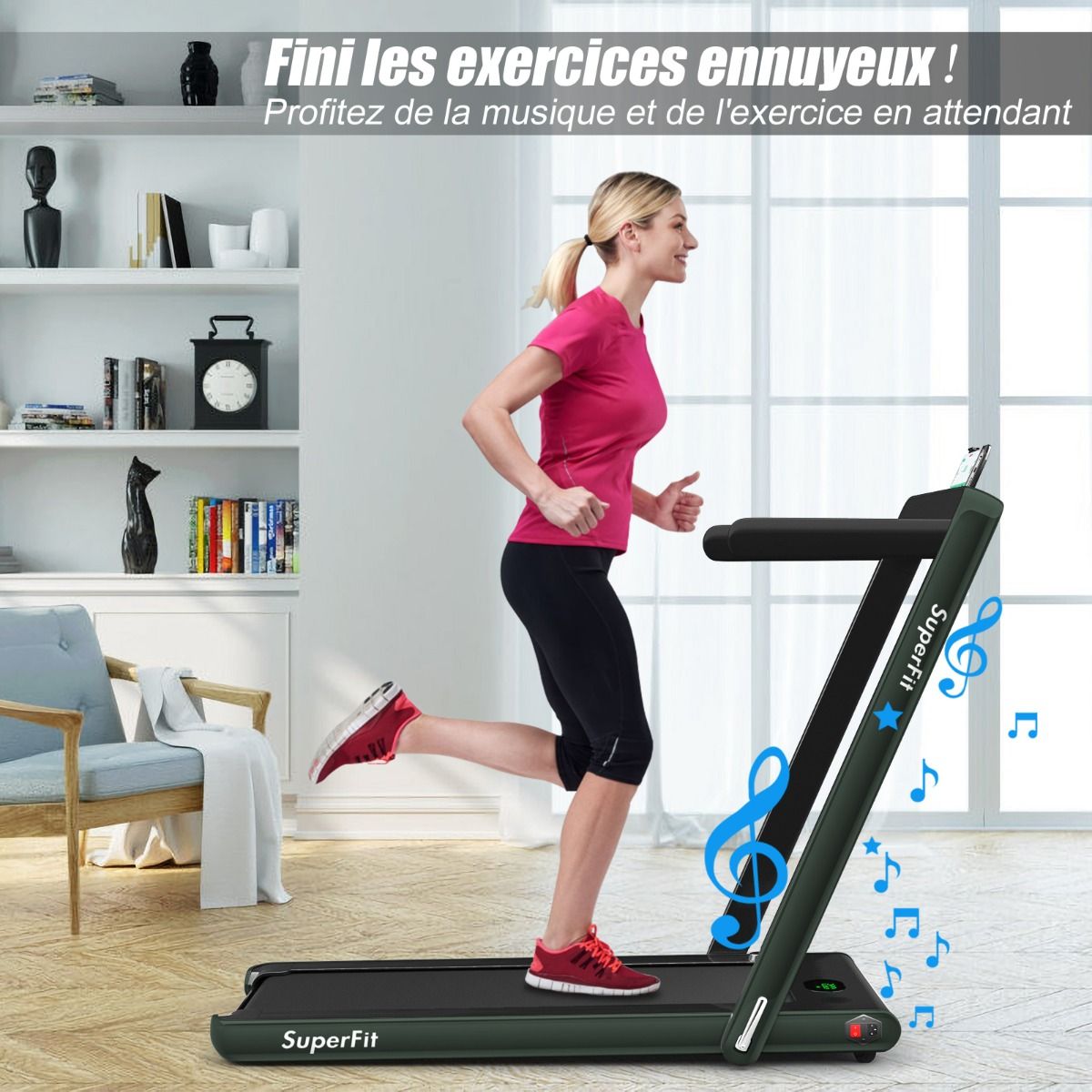 2 en 1 Tapis de Course Electrique Pliable 1 12 Km/H avec Haut-parleur Bluetooth Tlcommande Moteur 0,75HP Vert/Blanc/Noir/Rouge/Or/Noir et Argent/Bleu -