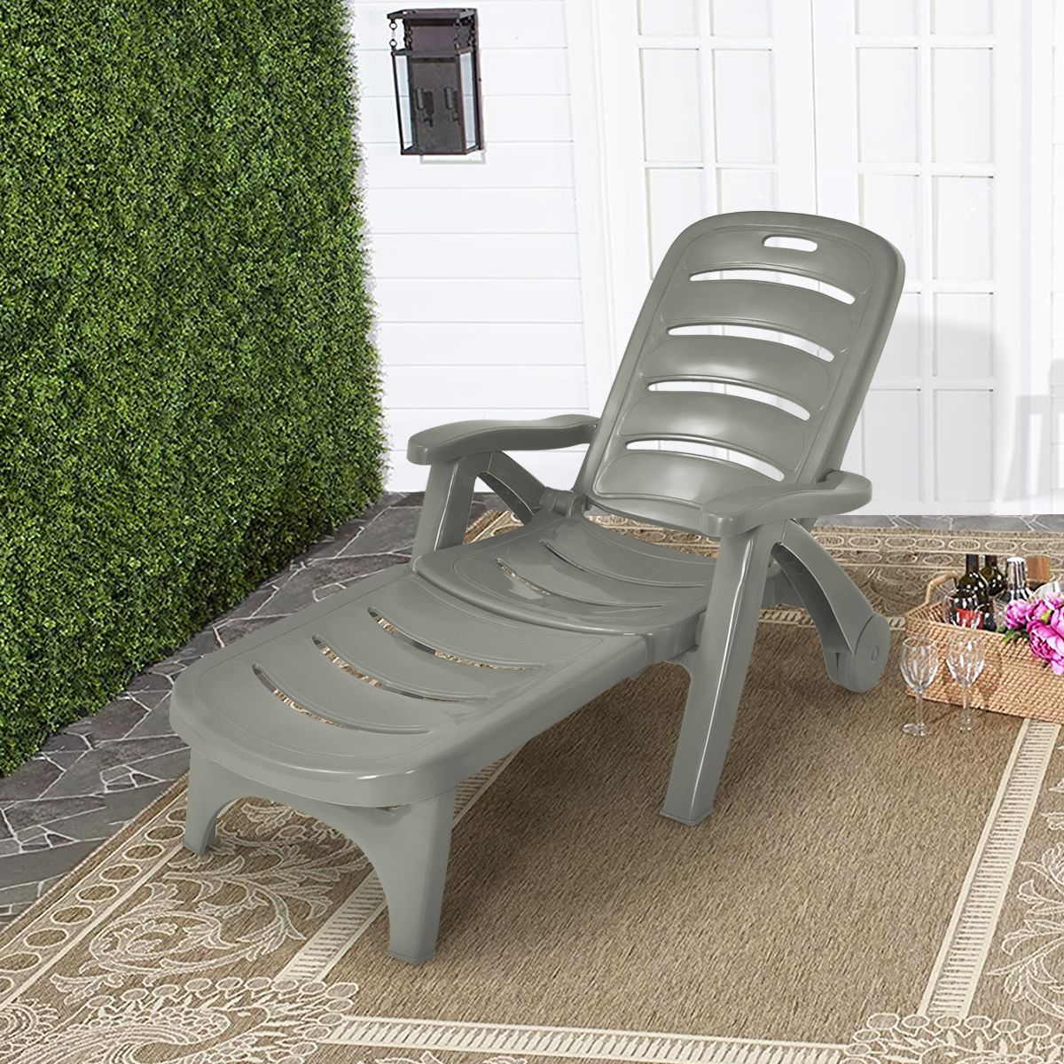 Chaise Longue Pliable Dossier Inclinable 5 Positions avec Roues Intgres pour Terrasse Jardin Piscine 150 kg Gris/Blanc/Bleu -