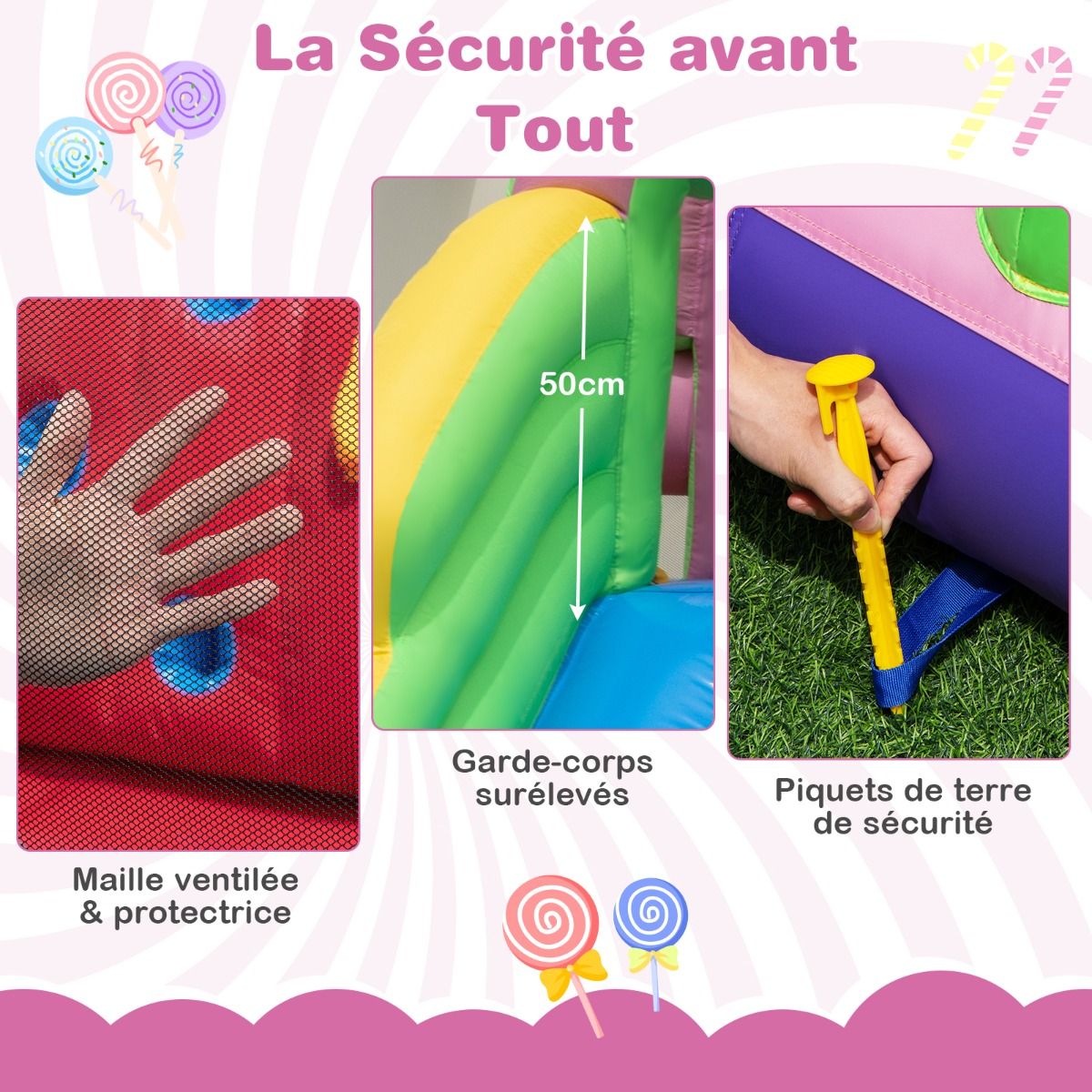 9 en 1 Ch芒teau Gonflable en Forme Bonbons avec Toboggan Maison de Saut Gonflable avec Pistolet Eau Charge 90kg pour 2 Enfants de 3-10 Ans -