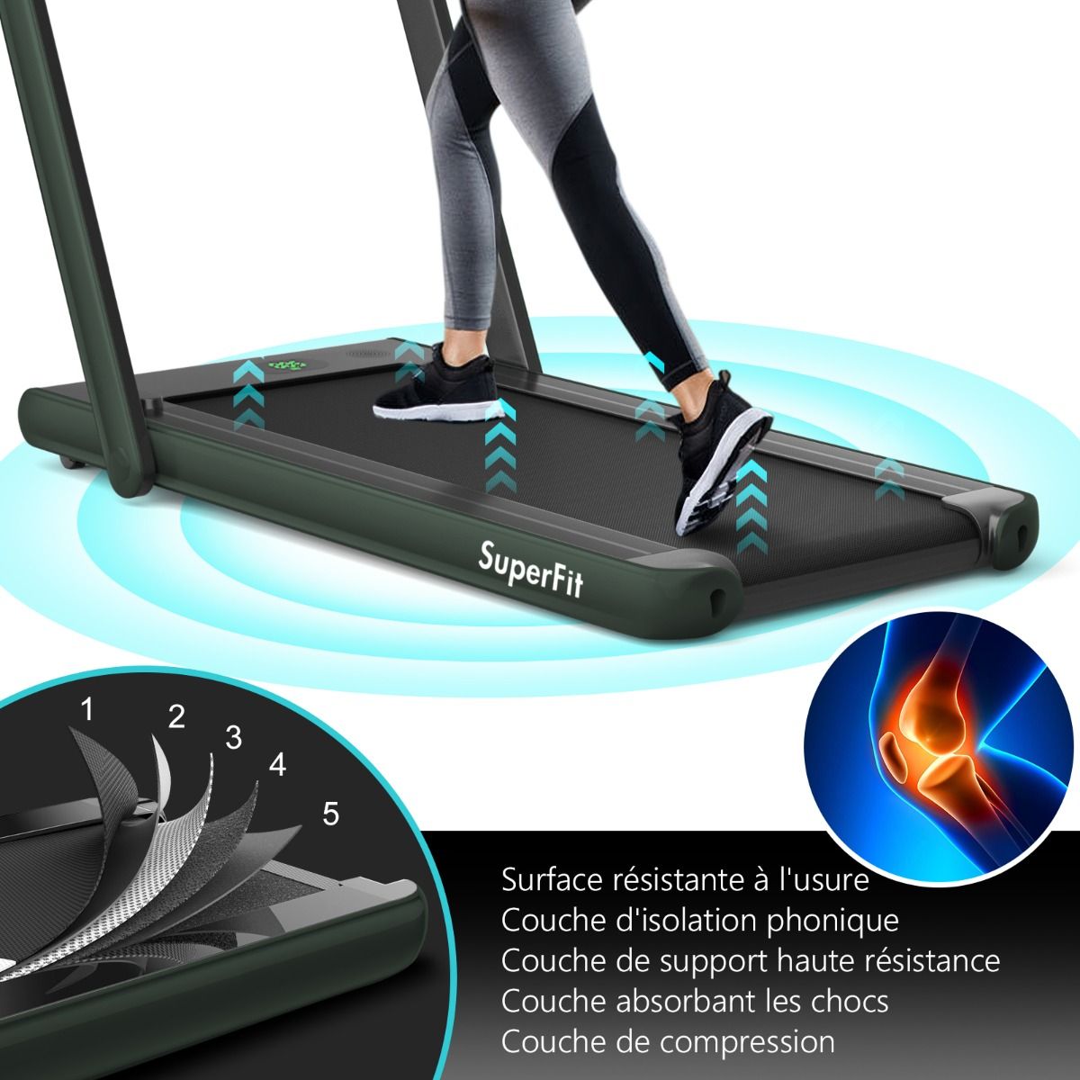 2 en 1 Tapis de Course Electrique Pliable 1 12 Km/H avec Haut-parleur Bluetooth Tlcommande Moteur 0,75HP Vert/Blanc/Noir/Rouge/Or/Noir et Argent/Bleu -