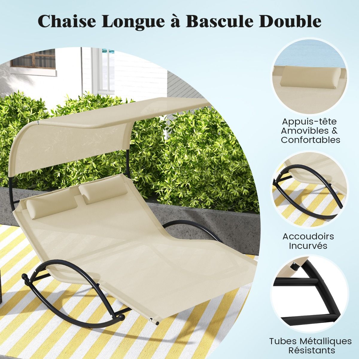 Chaise Longue Double Chaise Bascule pour 2 Personnes 2 Appui-T锚tes Amovibles Cadre en Mtal Robuste Lit de Repos Ergonomique 2 Places Gris/Noir/Beige -