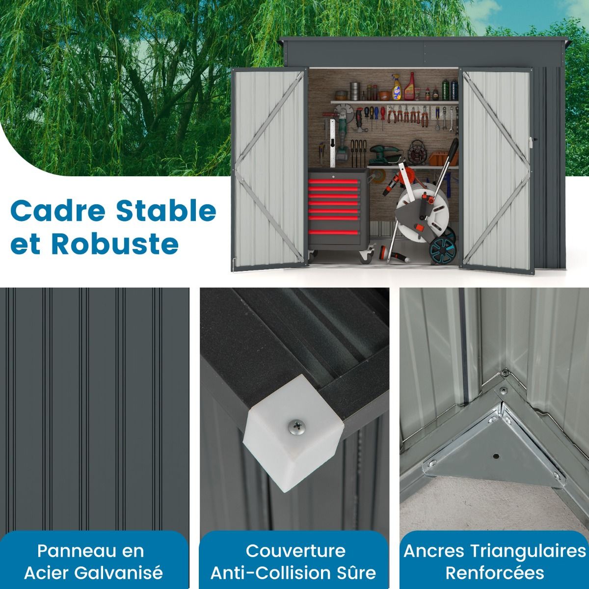 Abri de Jardin Extrieur Abri Outils de Jardin avec 2 Portes Design Inclin Arations Cadre en Mtal Galvanis 235x117x185cm Gris Fonc -