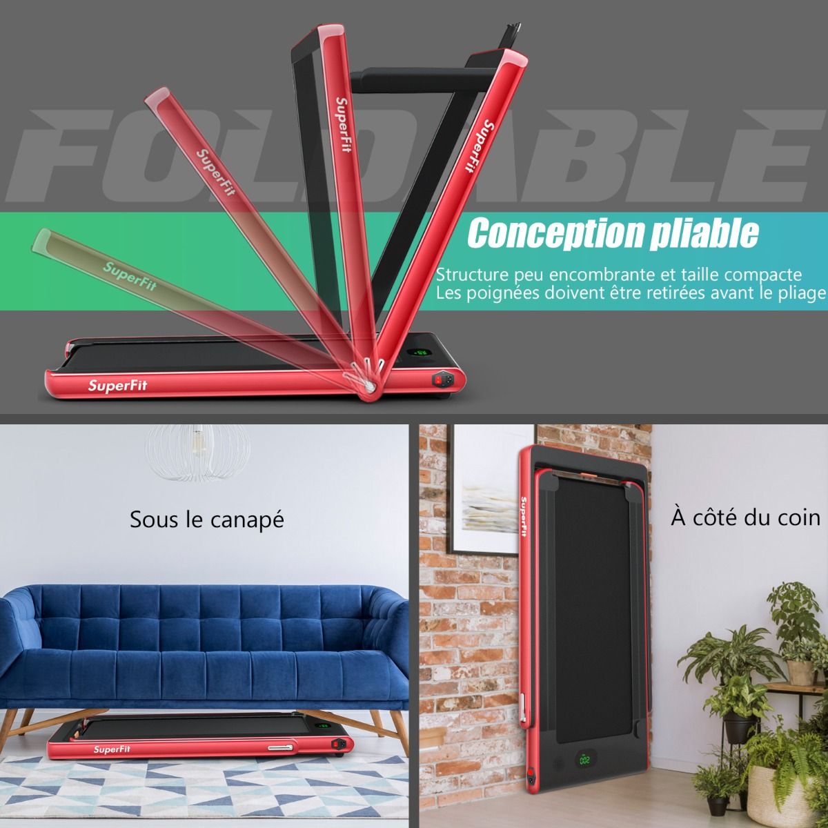 2 en 1 Tapis de Course Electrique Pliable 1 12 Km/H avec Haut-parleur Bluetooth Tlcommande Moteur 0,75HP Vert/Blanc/Noir/Rouge/Or/Noir et Argent/Bleu -